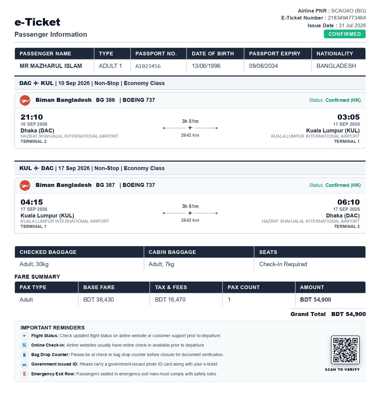 Emirates Dummy Ticket Preview